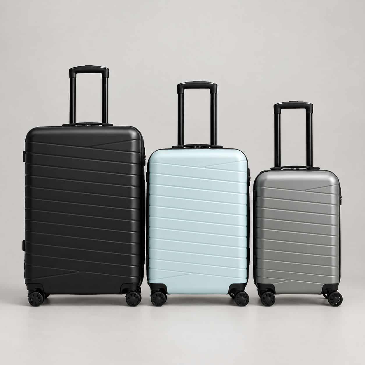 Set of three hard-shell suitcases in black, light blue, and gray with extendable handles.